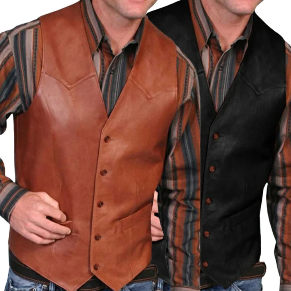 Men PU Leather Vest Coat Vintage V Neck Fishing Motorcycle Waistcoat Jacket Single Breasted Performance Costumes Slim Fit Vests
