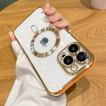 Luxury Wireless Charge Magsafe Phone Case For iPhone 15 14 13 12 11 Pro Max Plus Transparent Magnetic Electroplate Bumper Cover - Image 3