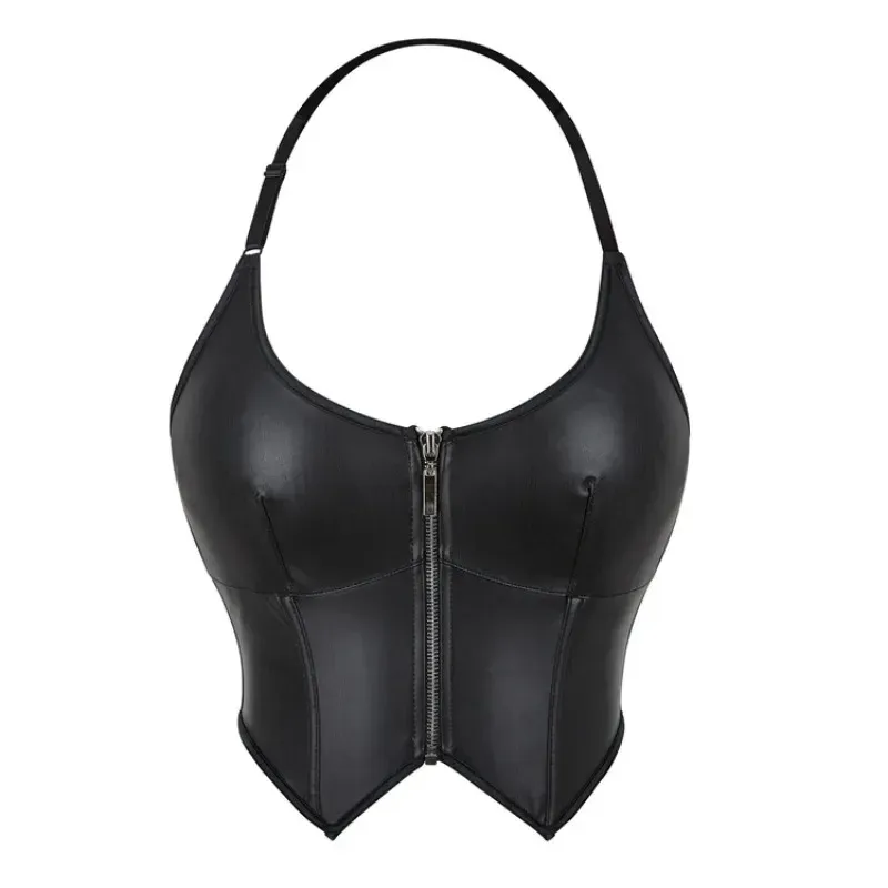 Women Faux Leather Corset Crop Tops Zipper Gothic Push Up Overbust Bustier with Halter Straps Streetwear