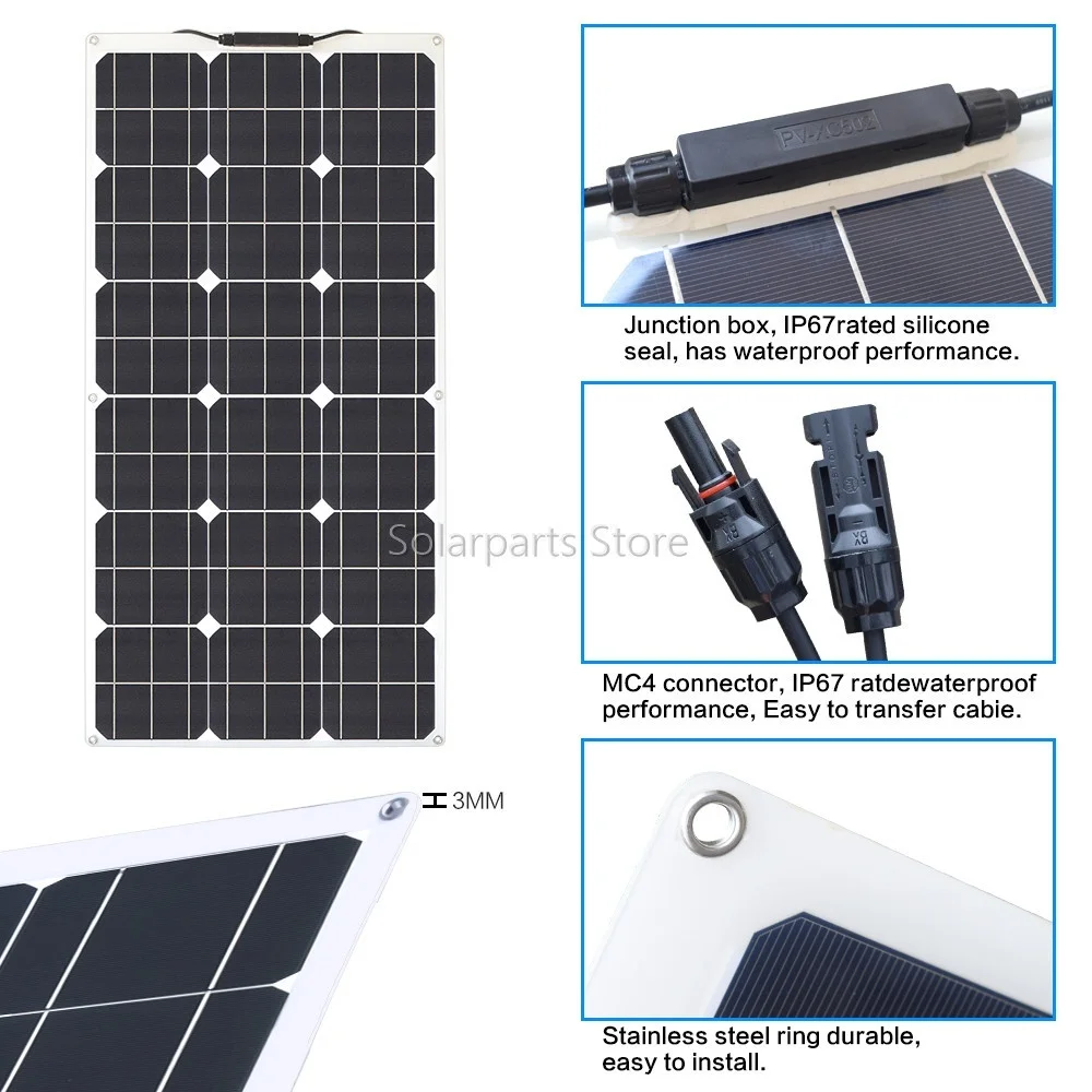 Solar Panel 300w 200w 100w 400w PET Flexible Panneau Solaire Kit PV Monocrystalline Cell 12V 24V 1000w Battery Charger System