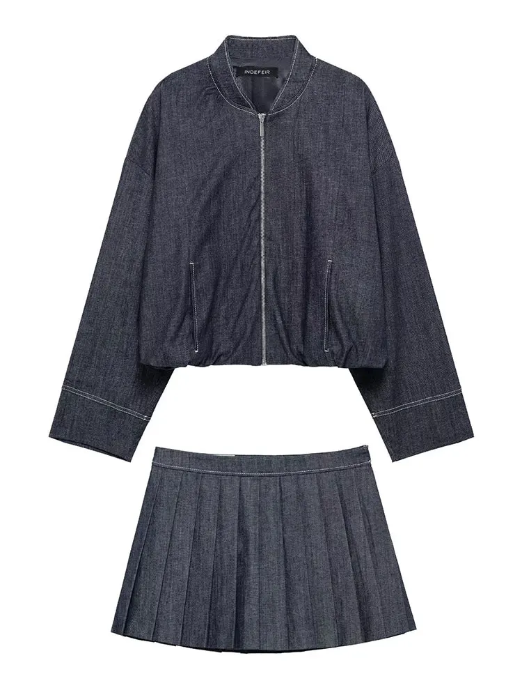 HH Women Fashion Denim Jacket Skirts Sets O Neck Long Sleeve Zipper Coat High Waist Slim Mini Skirt Casual Female Streetwear