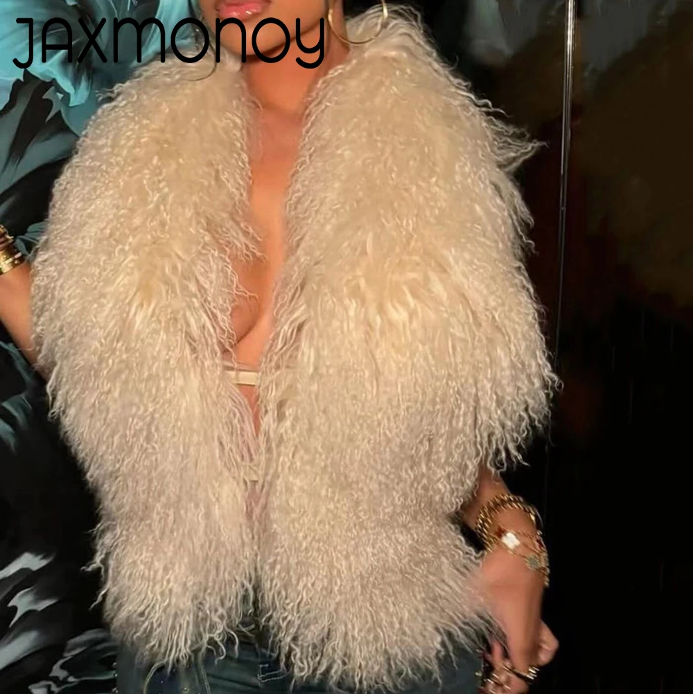 Jaxmonoy Women's Real Mongolian Sheep Fur Halter Fashion Streetwear Spring Fur Vest Ladies Sheepskin Fur Tops 2025 New Arrival