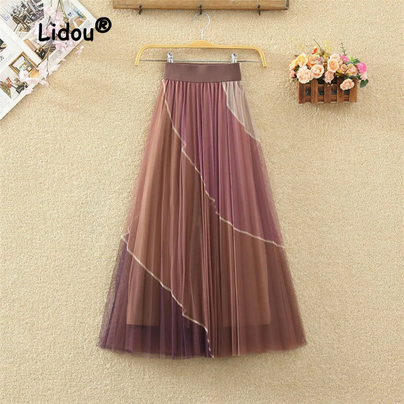 Lace Lining Contrast Color Elastic High Waist Mid Calf Long Mesh Pleated Tulle Skirt