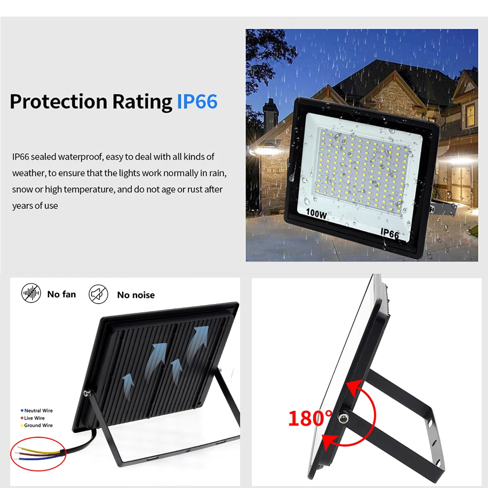 220V LED FloodLight 100W 150W 200W 300W 144Pcs SMD2835 High Brightness IP66 For Garden Street Outdoor Lighting