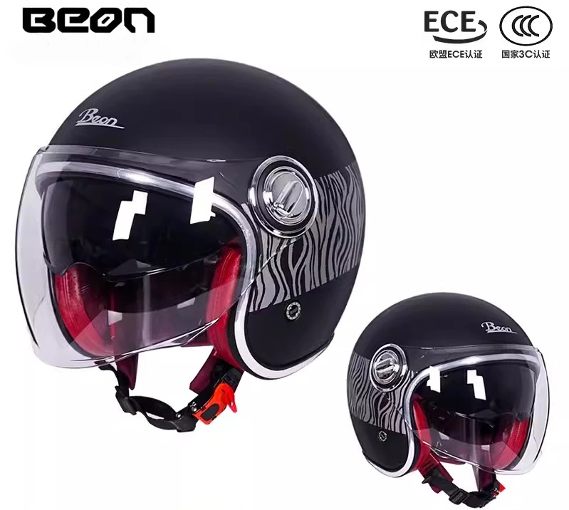 thumbnail image 1 of Casco de motocicleta Beon retro de doble lente, medio casco abierto, capacete para mujeres y hombres, certificación DOT ECE, casco de moto para Harley, 1 of 5