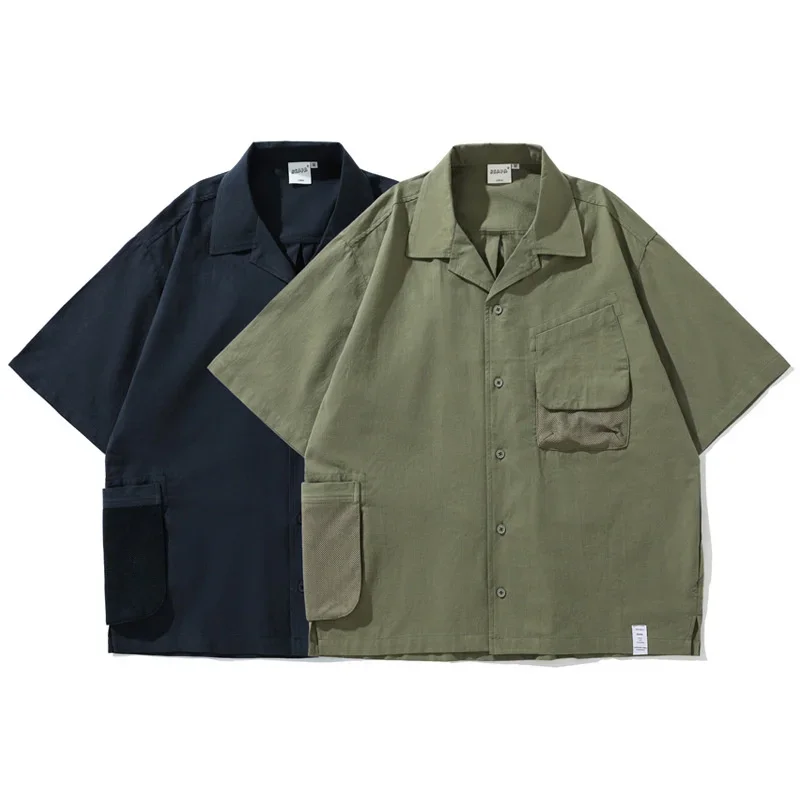 

Japanese Outdoor Mountain Style Multi Pocket Work Short Sleeved Clothes Men Women Loose Cuban Collar Shirt Trekking Travel Sport