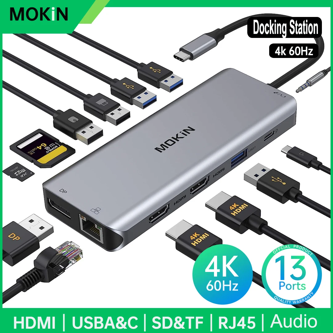 

MOKiN USB C Hub Triple Display Type C Adapter with HDMI 4K 60Hz, USB3.0,DP, PD 100W, RJ45, SD/TF Card Reader For MacBook Pro Air