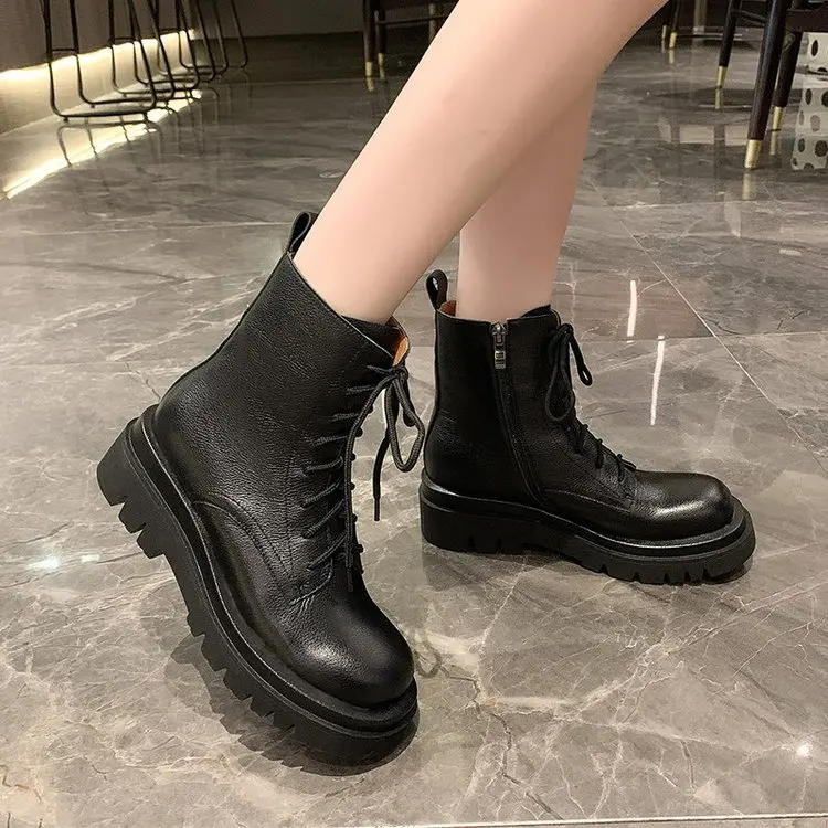 short Boots Female British Style Autumn New Short Boots Wild Thick-soled Increase Locomotive Rider Boots Net Red Short Boots
