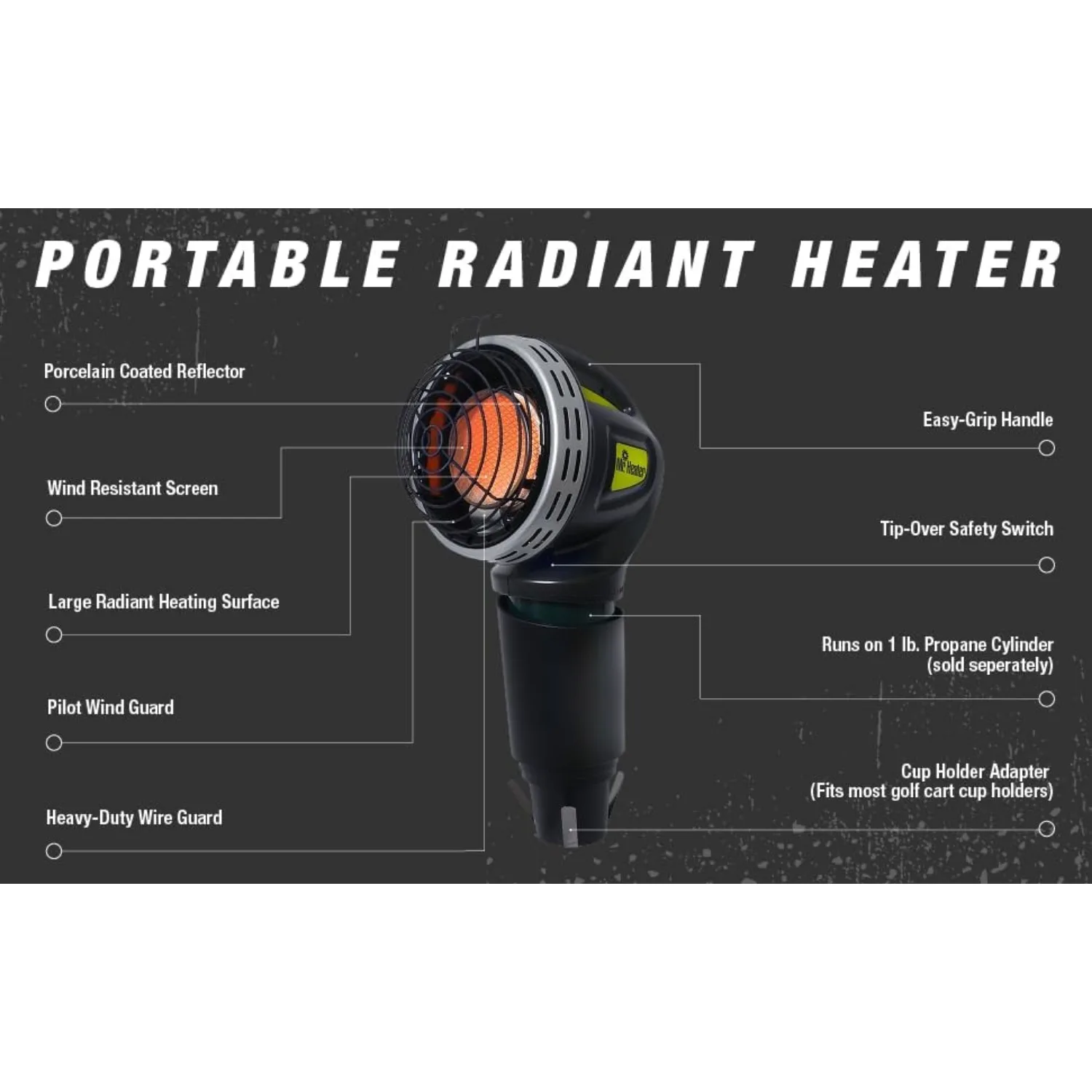 F242010 MH4GC 4000 BTU Golf Cart Heater,Wind-Resistant With ODS And Tip-Over Safety Switch & Cup Holder Adapter-Silver & Black