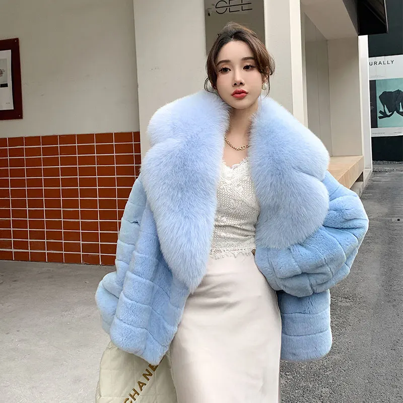 Fashion Women Real Rex Rabbit Fur Coats Long Natural Full Pelt Chinchilla Color Rabbit Fur Jackets With Real Fox Fur Collar Over