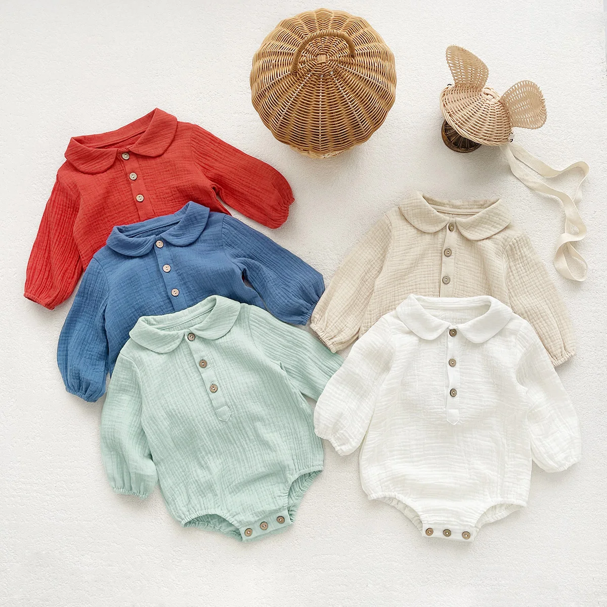 Baby Solid Color Romper Infant Boys Girls Baby Lapel Bodysuit Cotton Soft Jumpsuit 0-24 Months 3