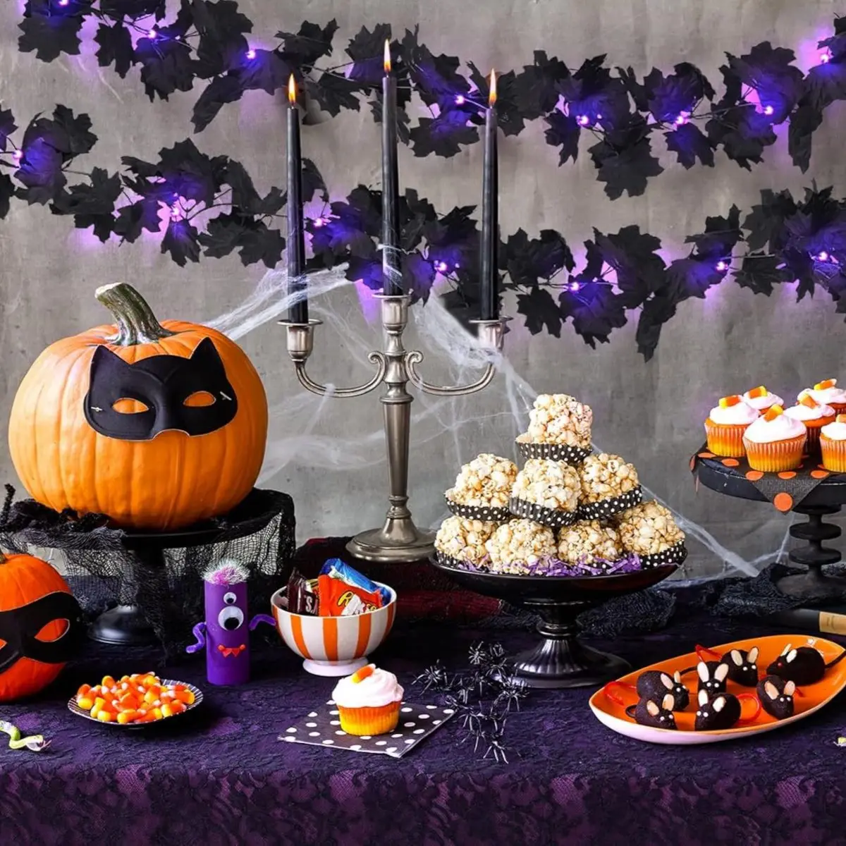 Halloween LED Black Leaf Garland - Battery Powered Fall Vine with Purple Lights