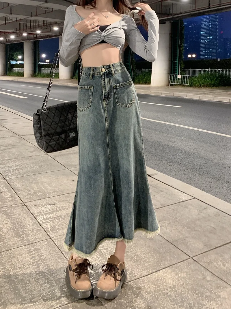 Women's Retro Blue Denim Skirt High Waisted Thin A Line