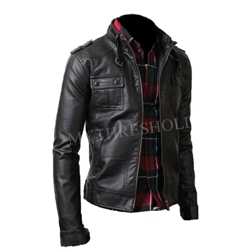 Mens Vintage Biker Belted Rider Strap Pocket Fine Quality SlimFit Leather Jacket