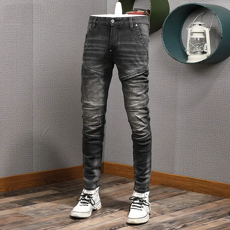 High Street Fashion Men Jeans Retro Black Gray Stretch Slim Fit Spliced Designer Biker Jeans Homme Patched Hip Hop Denim Pants