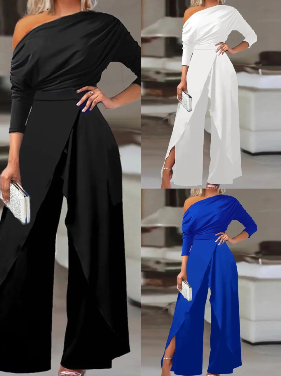 Elegant Jumpsuits For Women 2023 Spring New Ruched Cold Shoulder Sexy Slit Wide Leg Jumpsuit Office Lady Solid Party Jumpsuit