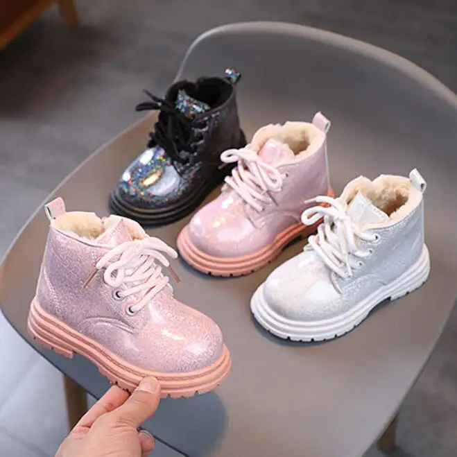 

Children Winter Snow Boots Girls Warm Cotton Snow Shoes Thick Fur Kids Cow Muscle Long Leather Boots Baby Soft Princess Shoes