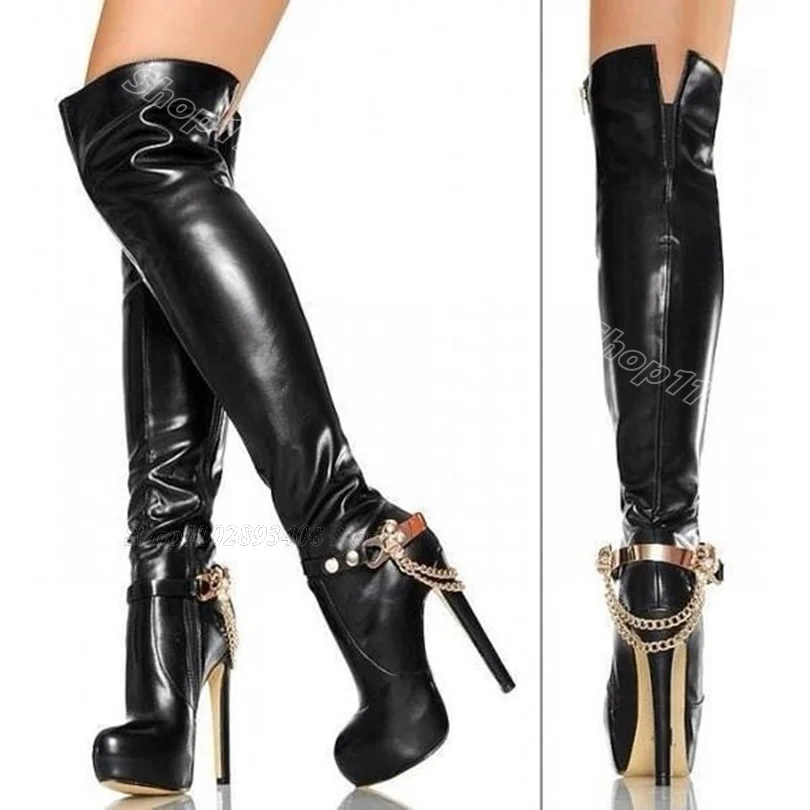 

Black Chain Decor Leather Women Boots Round Toe Side Zipper British Style New Fashion Over Knee Boots 2024 Zapatos Para Mujere