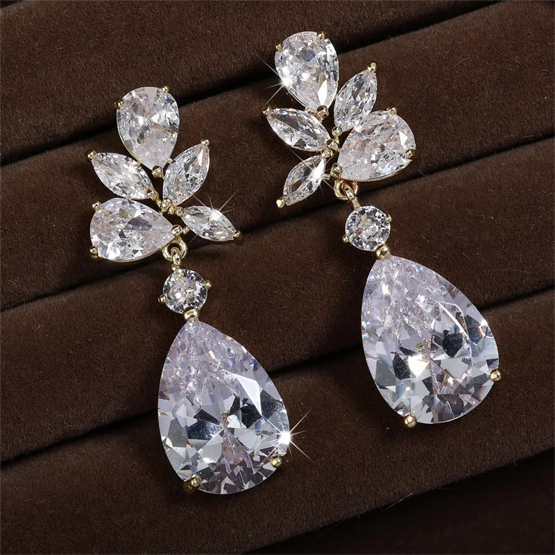 ZAKOL Wedding Earrings for Women Water Drop Cubic Zircon Dangle Earring Leaf Bridal Jewelry