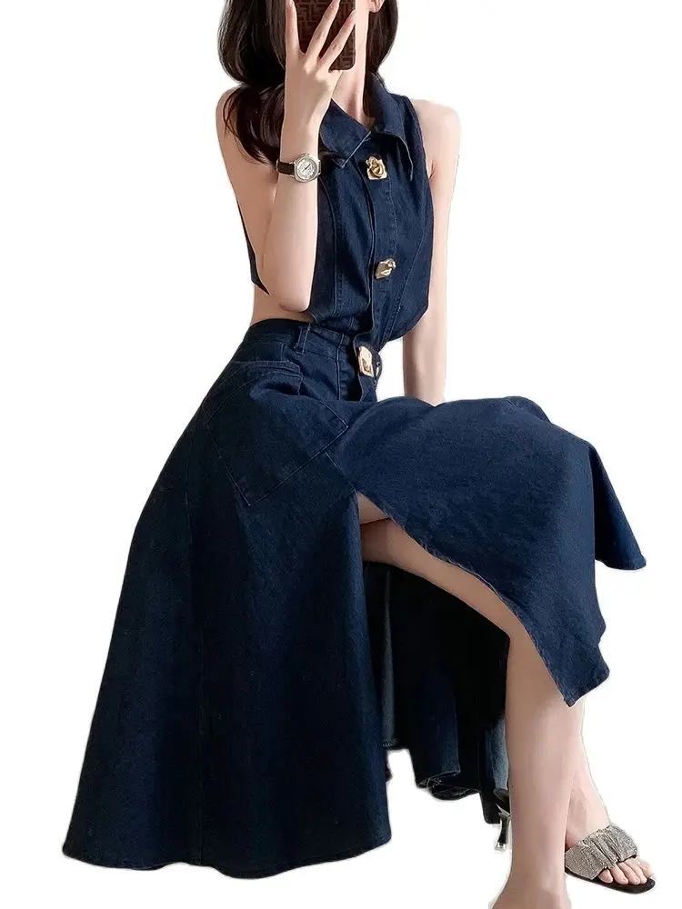 Retro Women Denim Tank Dress Hollow Out High Slim Waist Mid