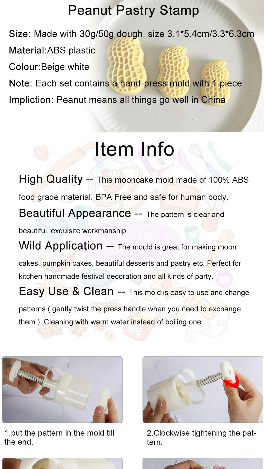 Description Picture 2 of item30g 50g 75g Cute Peanut Stamp Moon Cake Plunger Mold Nut Cookie Cutter Novel Cake Crisp Pastry Dessert Cooking Accessories Tools