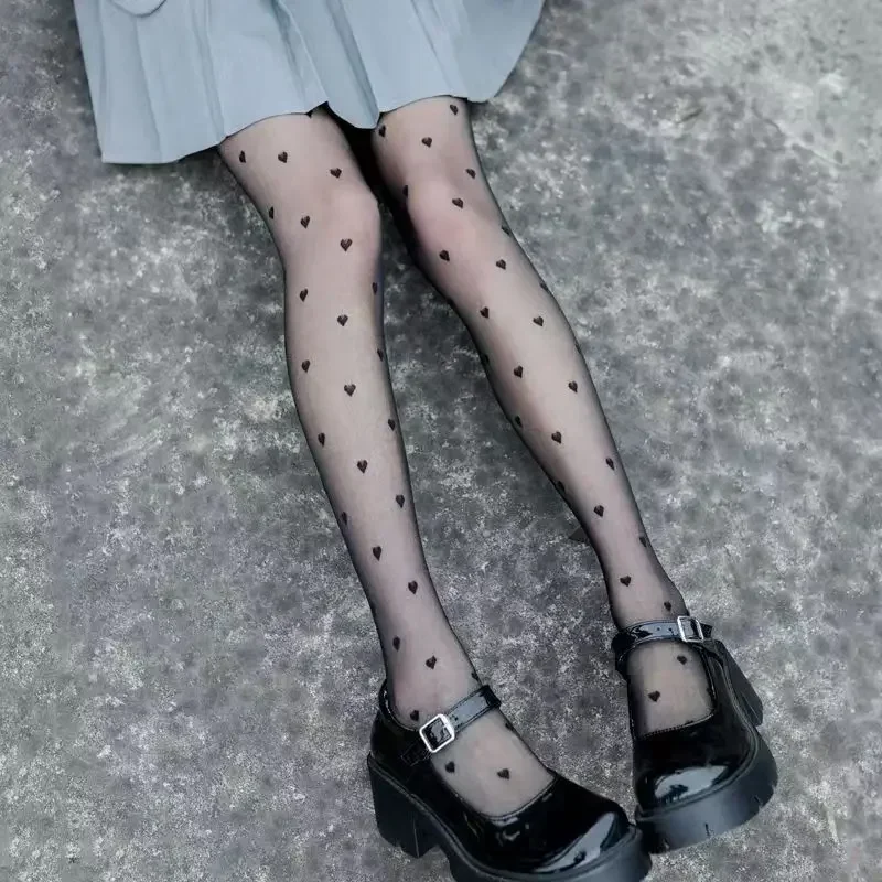Young Girl's Pantyhose Girls Sweet Heart Pattern White Silk Socks High Elastic Women Sexy Stockings Japanese Kawaii Anime Tights