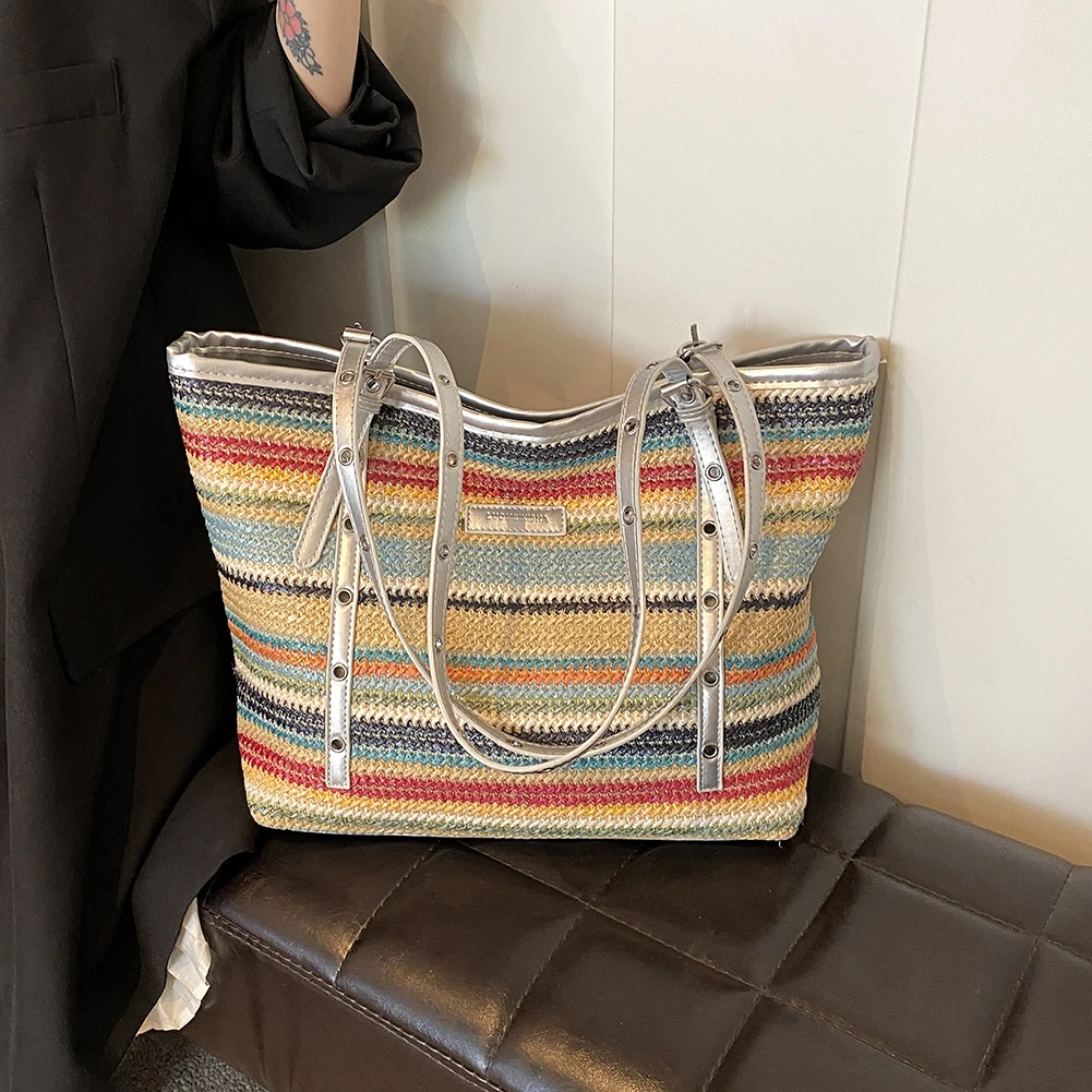 Women Color Straw Tote Handbag Large Capacity Weaving Travel Bag Patchwork Simple Shoulder Bag Ladies Summer Daily Bag