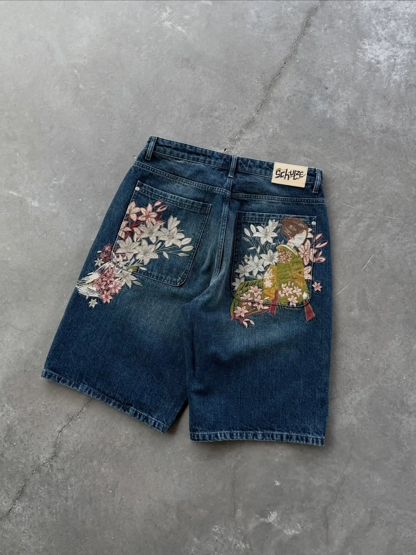 Y2k Retro Blue Wide Leg Denim Shorts Skateboard Streetwear Hip Hop Japan Kimono Embroidered Shorts Men Casual Baggy Jeans Jorts 3