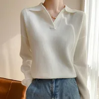 Women's Collar Knitted Sweater SpringAutumn Sleeved Solid Color Loose Korean Style Fashionable Lapel Pullover Jumper Top 1
