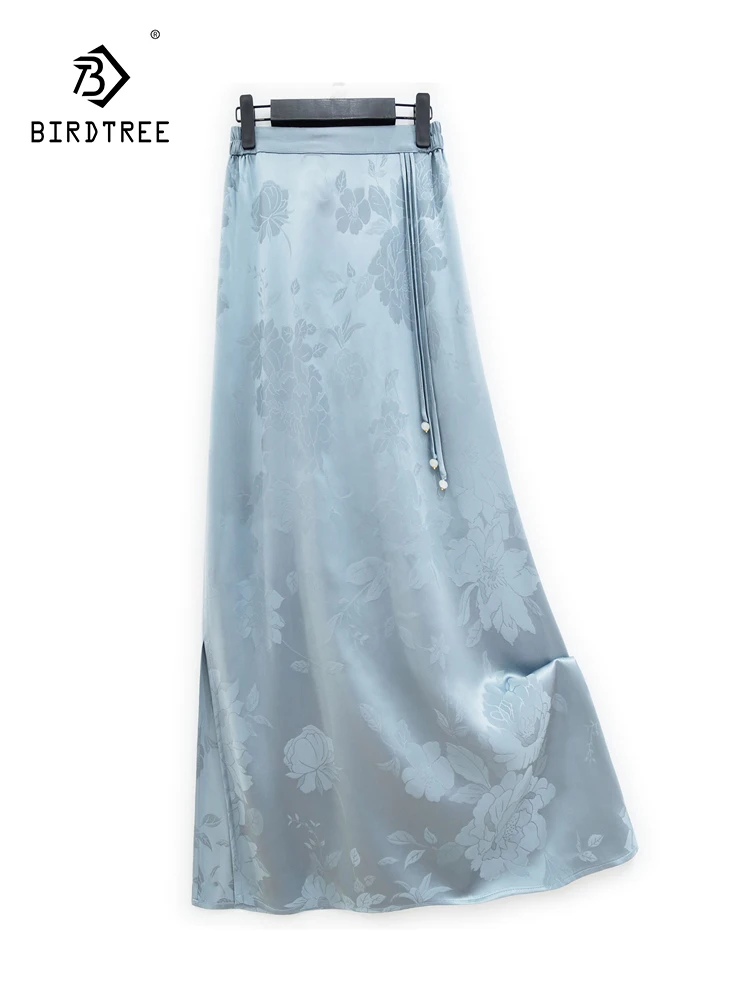 

BirdTree, 38MM Real Silk Elegant Skirts, Women Jacquard Tassels, Retro New Chinese Style Hip Wrap Skirt, 2024 Summer B43971QC