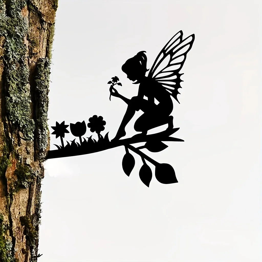 Metal Wall Art, Picking Flowers Fairy On Branch Steel