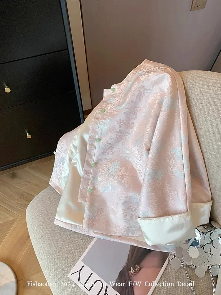 Sports Jacket New Chinese jacquard short jacket female spring and fall national style improved Tang loose pink blouse