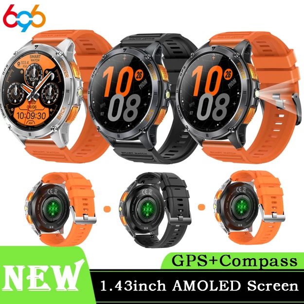 Smartwatch Sportivo GPS con Schermo AMOLED, Impermeabile IP68, Torcia LED, Bussola, Orologio da Uomo per Attività all'Aperto, Monitoraggio Salute, 530mAh, Musica - immagine 2