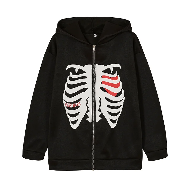 

Autumn Winter Harajuku Hooded Sweatshirts Clothes Women Loose Skull Print Zip Up Hoodie Long Sleeve Jacket Fashion Pullover