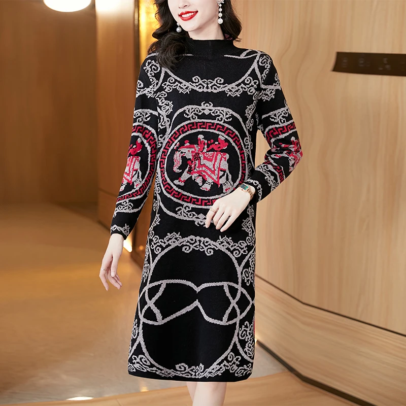 

2022 Winter New Style Meat Covering Thin Bottomed Wool Dress Wool Knitting Thickened Warm Jacquard Knitwear Dress For Women