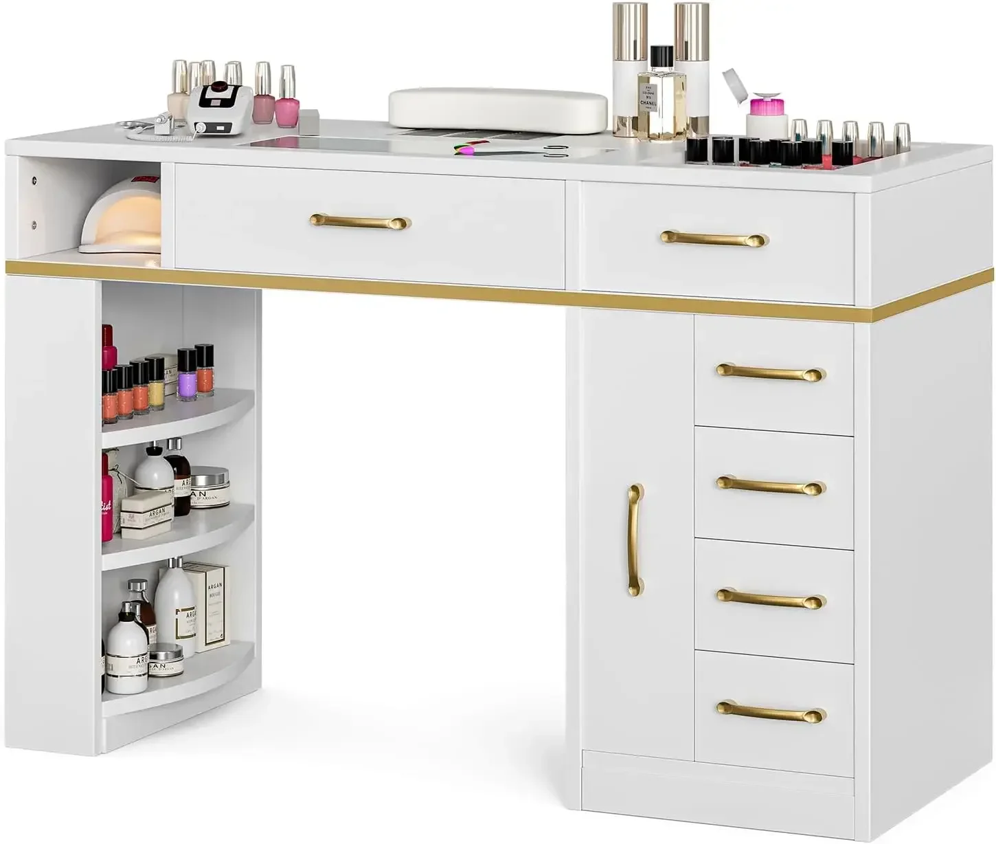 Manicure Table Nail Station for Nail Tech, Glass Top Nail Table Acetone Resistant w/Dust Collector, 7 Drawers & 3-Tier Shelves