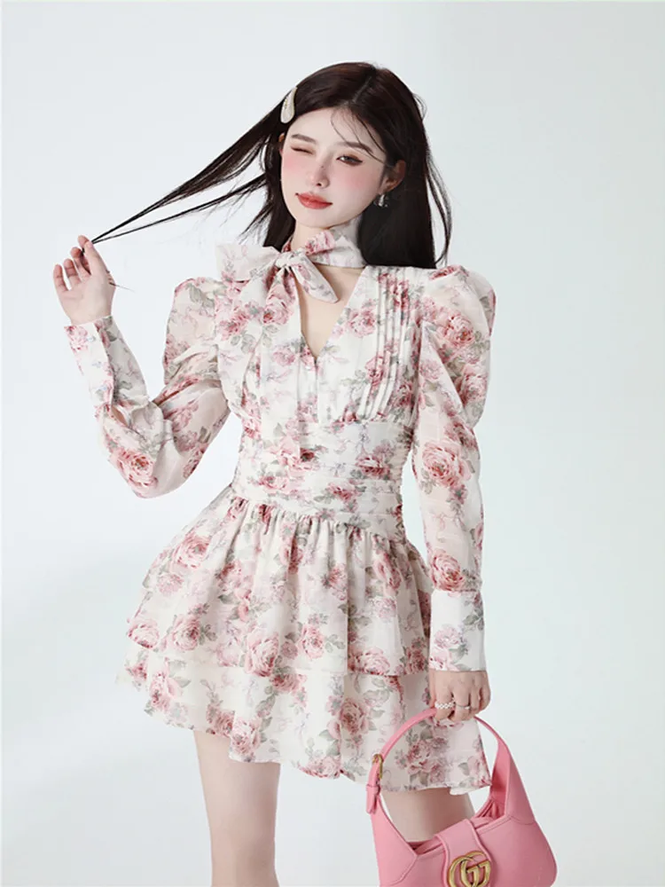 

DALMAZZO Spring And Summer Korean Fashion Chiffon Print Mini Dress Women Bow V Neck Long Sleeve Slim Irregular Vestidos Female