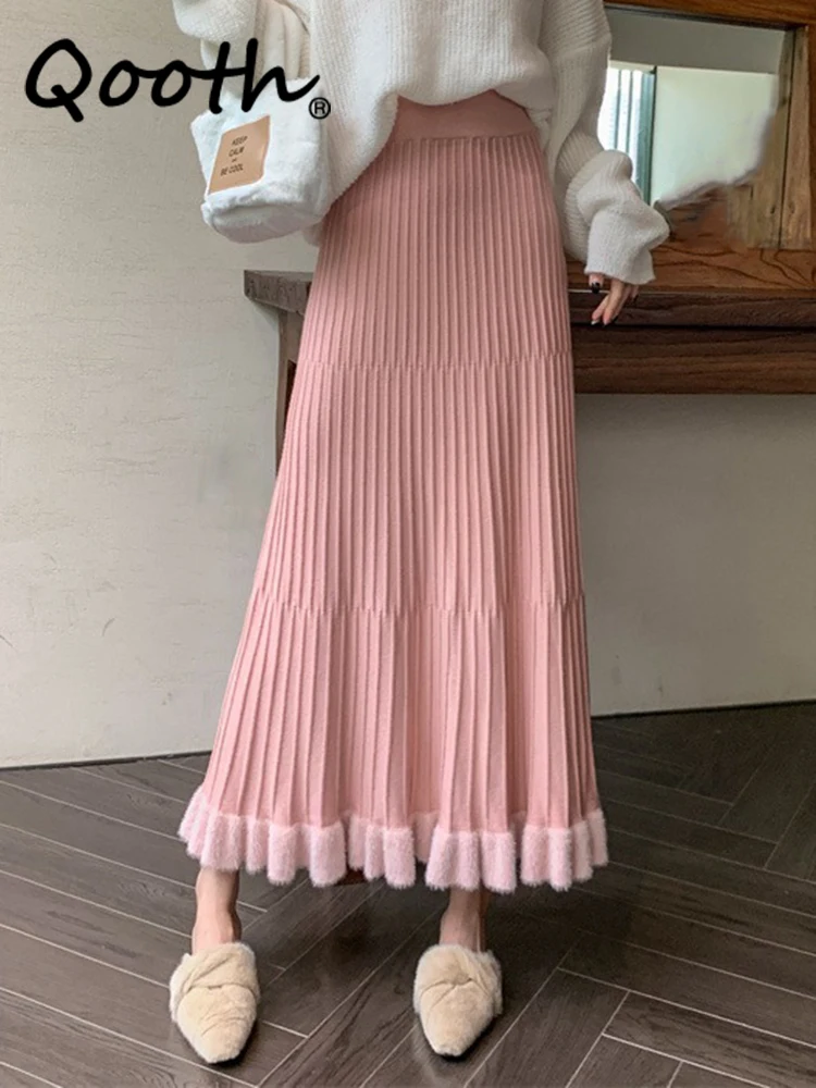 

Qooth Women Warm Pleated A-line Skirt Elegant All Match Umbrella Skirt For Autumn Winter QT2272
