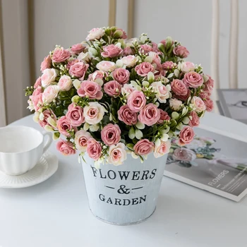 Rose en soie à 15 têtes, 5 fourchettes, pour Bouquet de mariée, couronne de noël, Vase, décoration de maison, bonsaï, bricolage, Scrapbook, fleur artificielle 1