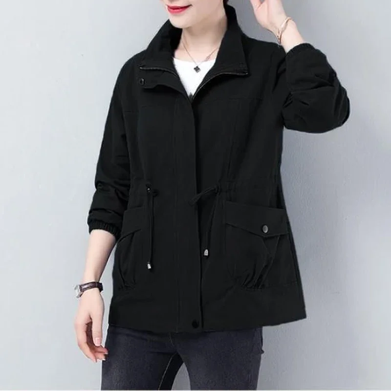 Double Layer Women Plus Size Spring Autumn Korean Plus Size Lining Windbreaker Drawstring Waist Stand Collar Jacket Coat Women