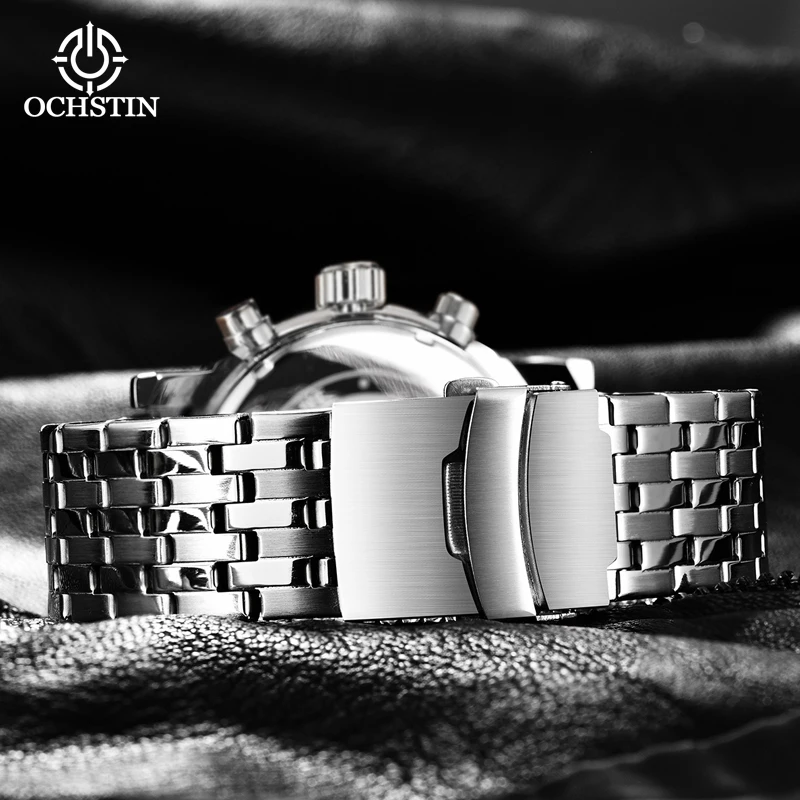 OCHSTIN Originale Series New Launch Steel Strap Multi-function Quartz Movement Watch Black Silver Men's Watch