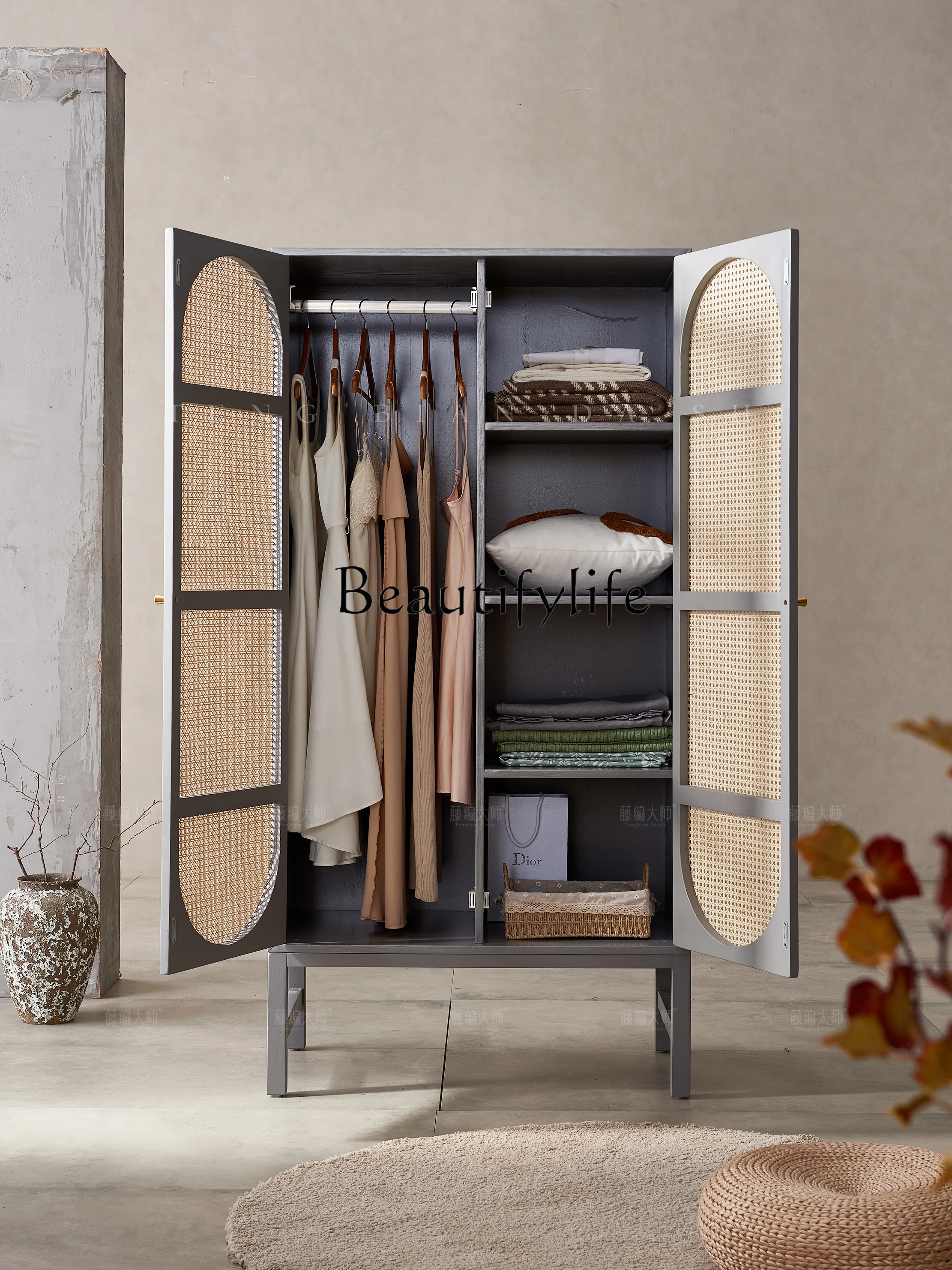 

Nordic Solid Wood Rattan Wardrobe Storage Locker Simple Modern Retro Cabinet Double Door Clothing Cabinet
