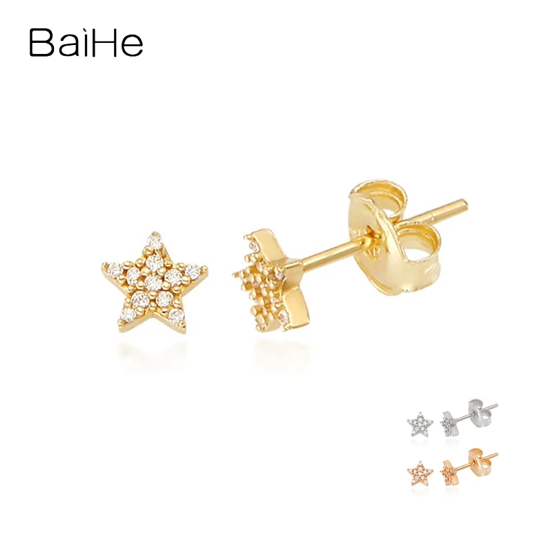 

Серьги-гвоздики BAIHE с натуральными бриллиантами H/SI для мужчин и женщин, ювелирные украшения из твердого 14 к белого/желтого/розового золота