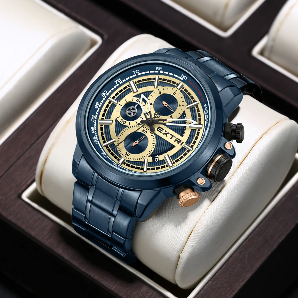 

EXTRI 2024 Fashion Luxury Stainless Steel Quartz Watch Mens Business Chronograph Calendar Waterproof Men Sports Watches