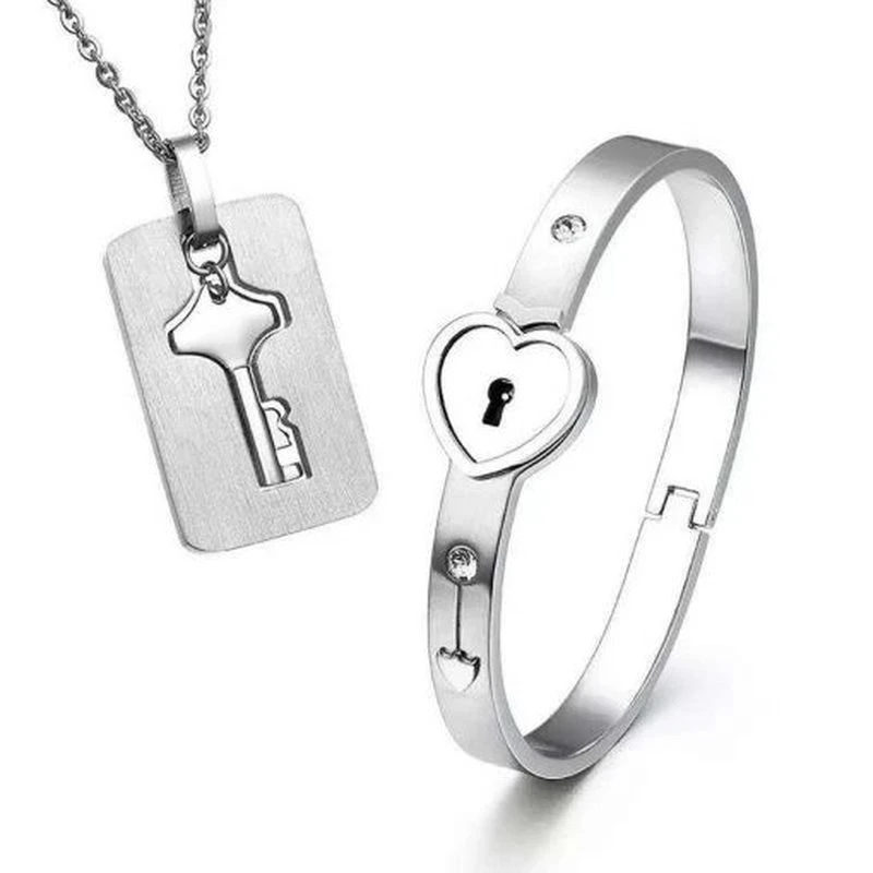 Lock Bracelet and Key Necklace Set for Couples Jewelry - Stainless Steel  Heart Bangle for Men and Women 