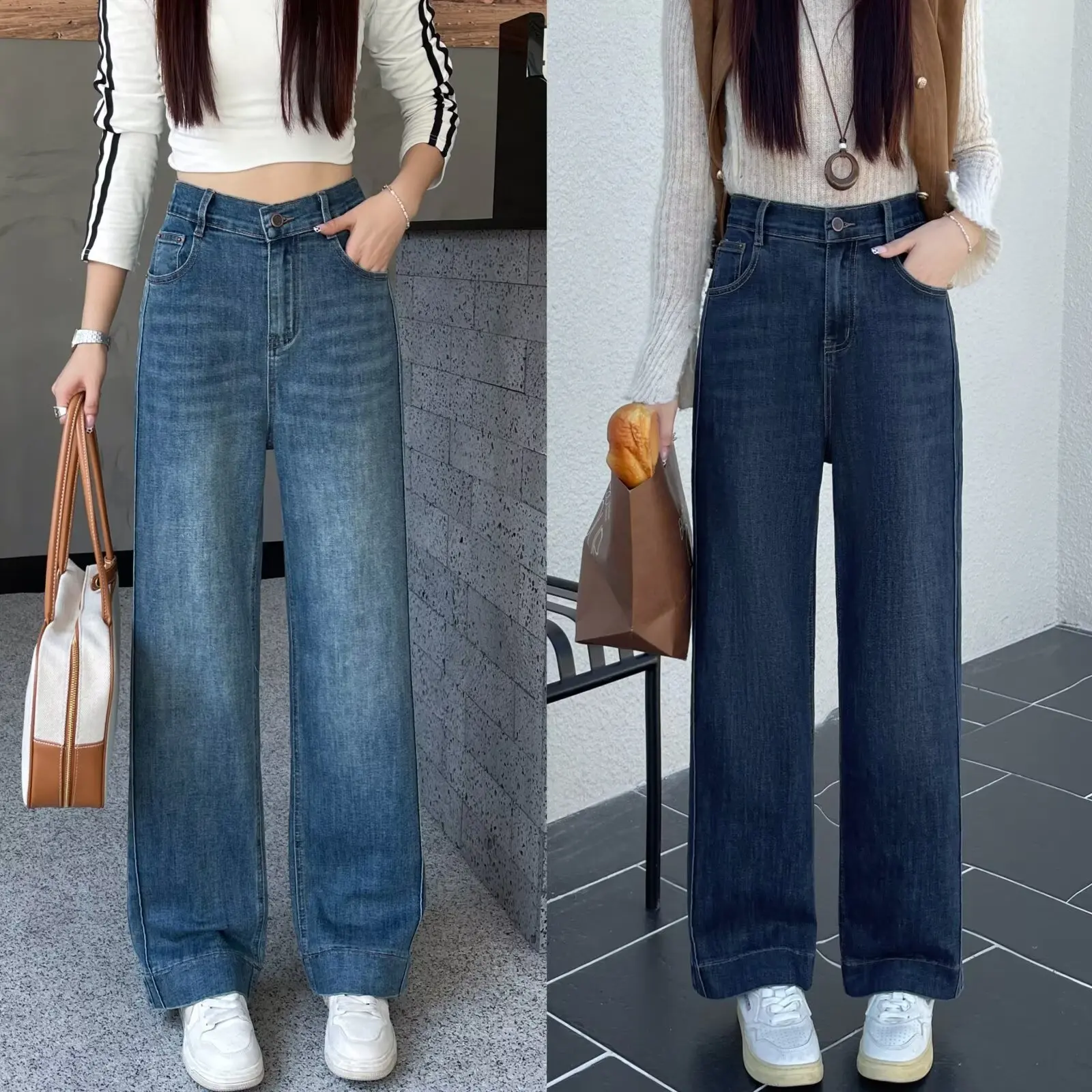 Plus Size Women's Jeans Autumn Wear Simple And Casual VINTAGE Side Splice Stretched Denim Straight Leg Long Pants 8658