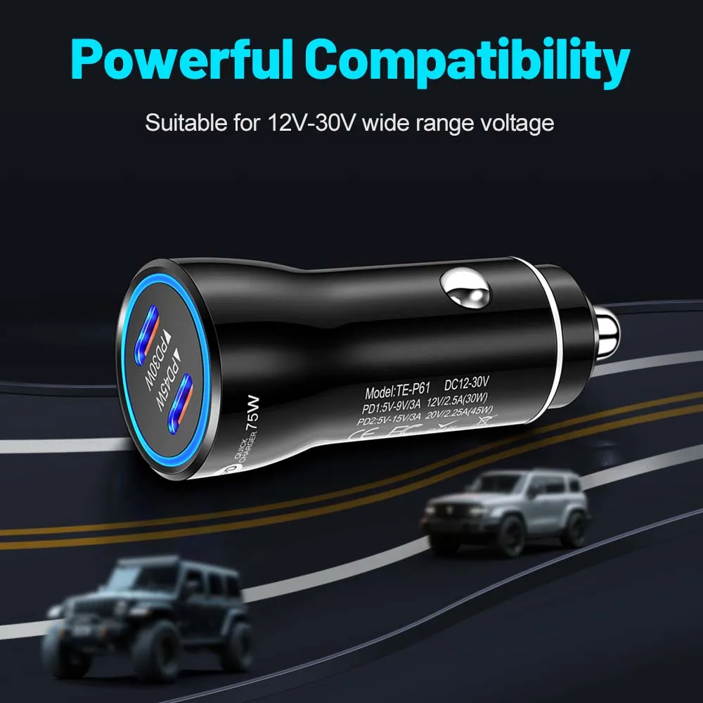 75W 2-port USB C Car Charger In Car Fast Charge Adapter For iPhone Xiaomi Samgsung Car Phone Charger