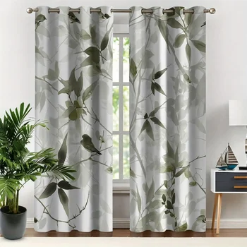 2-Piece Light Green Plant Print Curtains 1
