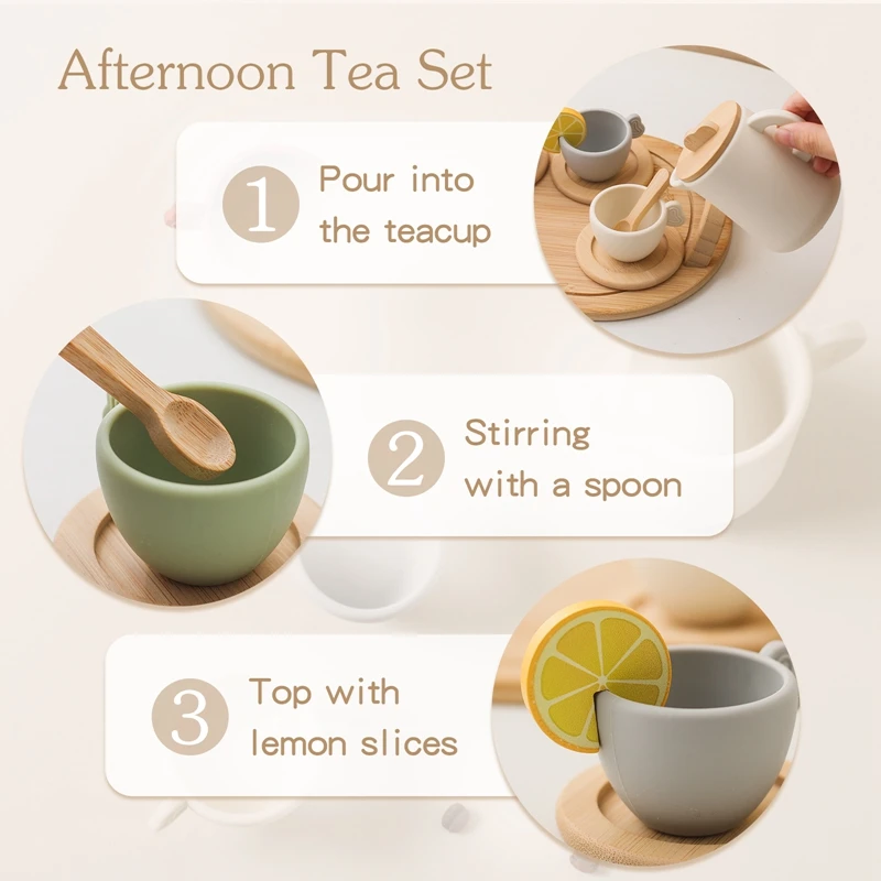 Wooden Children Montessori Toy Teapot Teacup Simulation Kitchen Utensil  BPA Free Silicone Kid Education Pretend Play Toy Gift 3