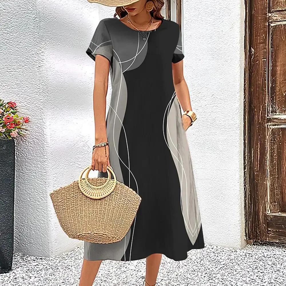thumbnail image 1 of Vestido elegante de verano para mujer, de manga corta, con estampado de rayas, falda holgada de corte A, cuello redondo informal, 1 of 2